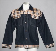 Vtg? Riche Sport Dark Blue Denim Thick Trucker Jacket Plaid Trim Mn&#39;s Xl / Xxl - £33.85 GBP