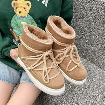 Cute Wool Snow Boots Winter Style Low Heel Warm Shoes Round Toe Slip-On Cross Ti - £87.03 GBP
