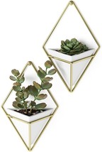 2x Umbra Trigg Hang Planter White Vase Gold Brass Geometric Wall Decor Ceramic - £15.90 GBP