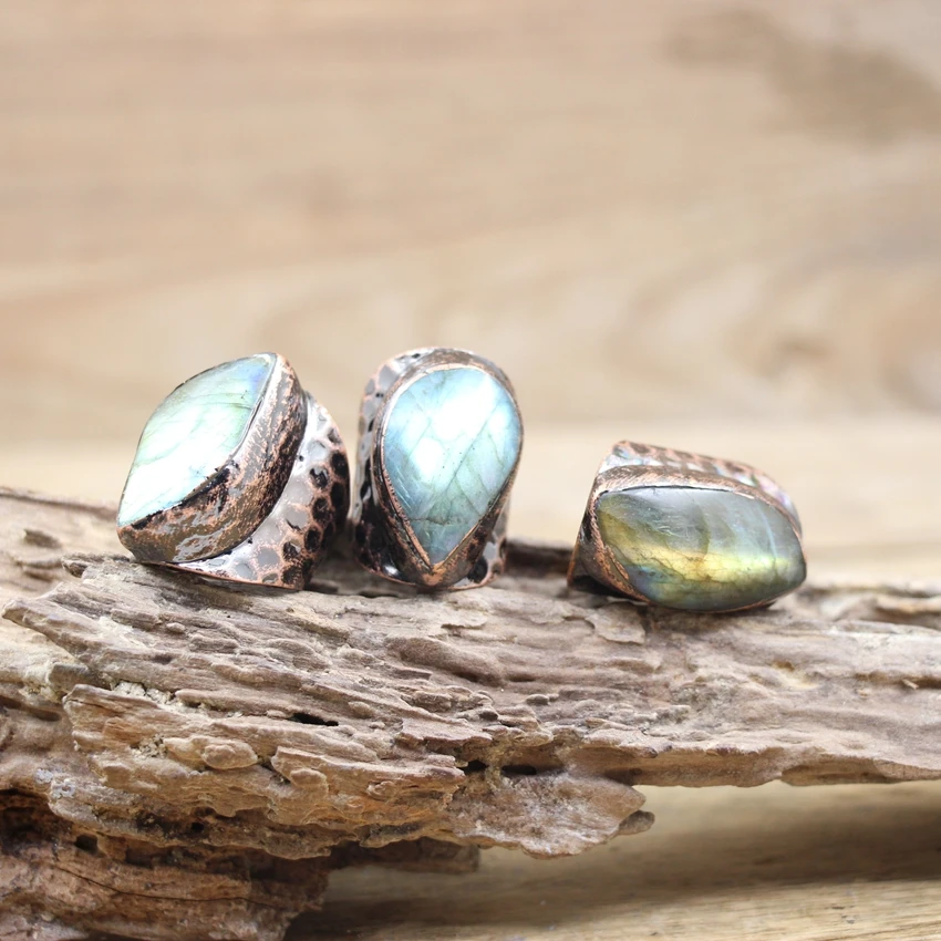 Freeform Flash Labradorite Antique Copper Rings Natural Stone Adjustable Fashion - £14.07 GBP