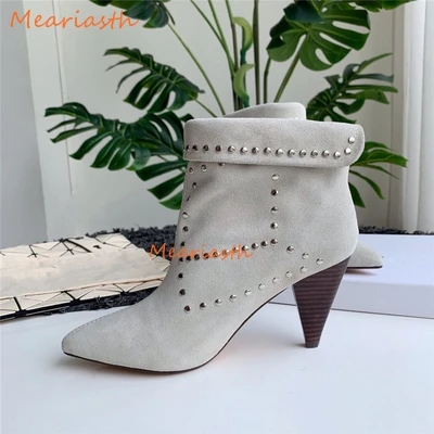 New Hot Real  Studded Ankle Boots Women Spike Grey black Short Boots Slip On boy - £156.59 GBP