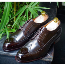 Luxury Patina Coffee Brown Brogue Longwing Derby Leather Lace Up Formal Shoes - £120.26 GBP