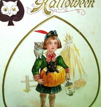 Halloween Postcard Black Cat Owl On Shoulder Nash Embossed H-13 Spades Original - £28.55 GBP