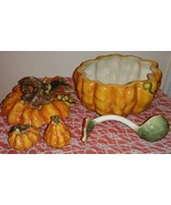 Pumpkin Soup Tureen &amp; (CRACKED) Ladle Fall Autumn Decor W/ Salt Pepper S... - $49.99