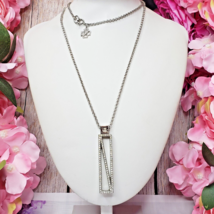 ANN TAYLOR Clear Rhinestone Bar Pendant Silver Tone Chain Necklace - £14.66 GBP