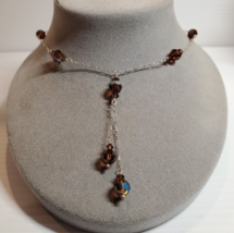 All SOLID 925 STERLING Silver &amp; Brown Faceted Crystal Y Necklace Adjustable - £28.69 GBP