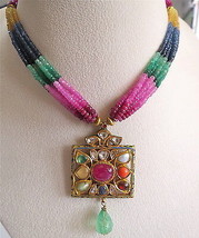 22K Gold Jadau Pendant Studded Precious Gem Colombian Emerald With Rainbow Beads - £3,438.28 GBP