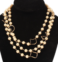 Faux Pearl and Brass Swirl Necklace 60 Inches Long - £3.13 GBP