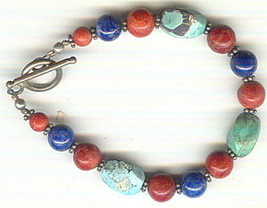 Turquoise, Coral and Lapis Multi-stone Bracelet with Toggle Clasp - £23.98 GBP
