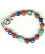Turquoise, Coral and Lapis Multi-stone Bracelet with Toggle Clasp - $30.00