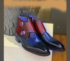 Handmade Burgundy Blue Leather Boot, Men&#39;s Double Monk Strap Brogue Dres... - £126.80 GBP+