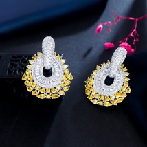Top Sparkly Yellow Cubic Zircon Big Dangle Drop Huggie Earrings for Women Evenin - £19.86 GBP