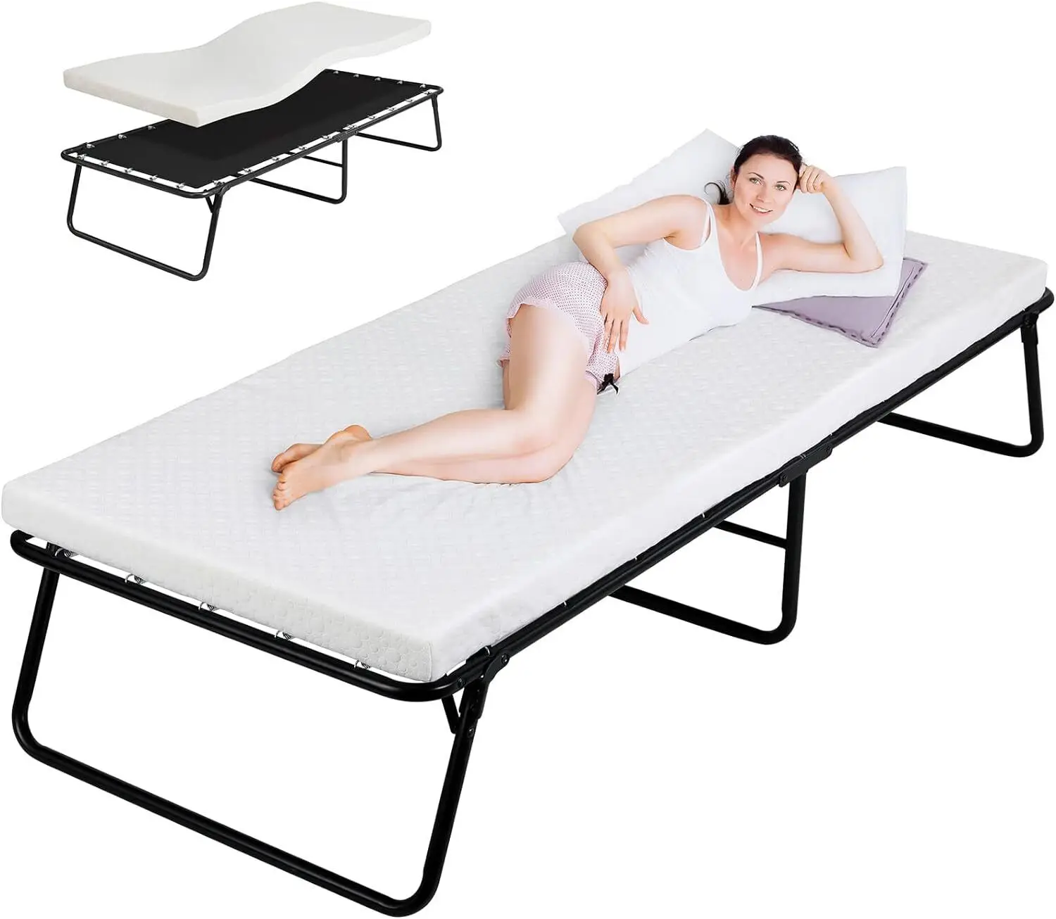 Continental Sleep 4-Inch Portable Folding Guest Bed Frame with Foam Mattress, - £179.83 GBP