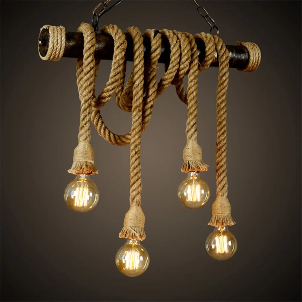 Vintage Industrial Decor Pendant Double Head wood lamp E27 Edison Rope - $16.89