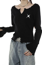 Grunge Fairycore T-shirt Women&#39;s Star Print V-neck Long sleeved Top y2k ... - £13.26 GBP+