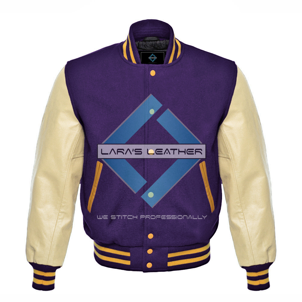 New American Letterman College Varsity Jacket & Real Cream Leather Sleeve XS-7XL