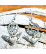 Earrings / Silver Winged Hearts + Gears / Dangle &amp; Drop / Upcycled Jewelry - £15.71 GBP
