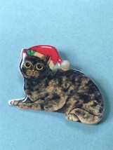 Handmade Stiff Cardboard w Layers of Clear Acrylic Kitty Cat in Santa Claus Hat  - £7.58 GBP
