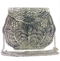 Indian Brass silver clutch Purse antique Ethnic Handmade Women metal bag - £45.37 GBP