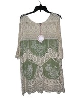 Umgee Women&#39;s Top Crochet Lace Floral Peasant 3/4 Sleeve Tunic Green Small NWT - £11.83 GBP