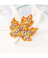 Yellow Crystal &amp; Red Cubic Zirconia Maple Brooch - £11.01 GBP