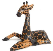 Hand Carved Wooden African Baby Giraffe Statue Laying Down - $27.71