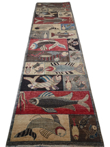 3x10 Handmade Pictorial Runner Rug - Wool Fish Design Runner - £468.66 GBP