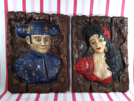 Cool 1970&#39;s Spanish Matador &amp; Maiden 3D Colorful 14&quot; Chalkware Art Wall Hangings - £30.07 GBP