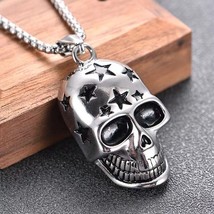 Men&#39;s Punk Retro Silver Star Skull Pendant Necklace Stainless Steel Chain 24&quot; - £9.48 GBP