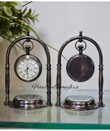 Brass Table Clock with Compass - Desk &amp; Table Top Decor - Gift Set of 2 - $95.73 CAD