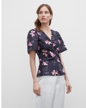 Club Monaco Women&#39;s Ruched Front Flutter Sleeve Top Blouse Size M Navy Floral - £15.58 GBP