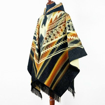 Alpaca wool Hooded Poncho Unisex Aztec pattern all seasons boho hippie XXL BLACK - £103.47 GBP