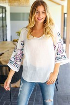 Be Your Best Purple &amp; Blue Floral Paisley Embroidered Sleeve Top - £24.38 GBP