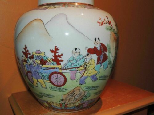 Chinese 9&quot; Jar no lid Famille Rose boys with cart Vintage Antique 20th - $17.09