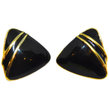 Trifari Pierced Earrings Black Gold Color Tone Modern Elegant Fashion Style - £11.89 GBP