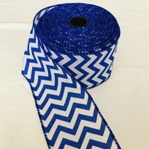 Roll Designer Ribbon 20 yards Blue &amp; White Zigzag Design 2&quot; Wide Wired Edge - £17.51 GBP