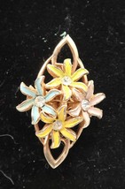 Vintage MCM Enamel Over Gold Tone Metal Flower Spring Brooch Rhinestone ... - $14.99