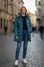 Lands&#39; End  Down Puffer Coat with Faux Fur Hood in satin Evening Teal Wo... - $1,148.98 MXN