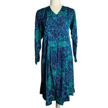Vintage Floral Paisley Midi Dress S Green V Neck Long Sleeves Pleats Zipper - £33.46 GBP