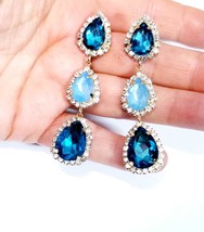 Bridesmaid Drop Earrings, Rhinestone Crystal Earrings, 3.4 inch Blue Chandelier  - £28.27 GBP