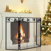  Fireplace Screen 3-Panel Decor Cover Leaf Pattern Folding Portable Steel Metal - £53.56 GBP