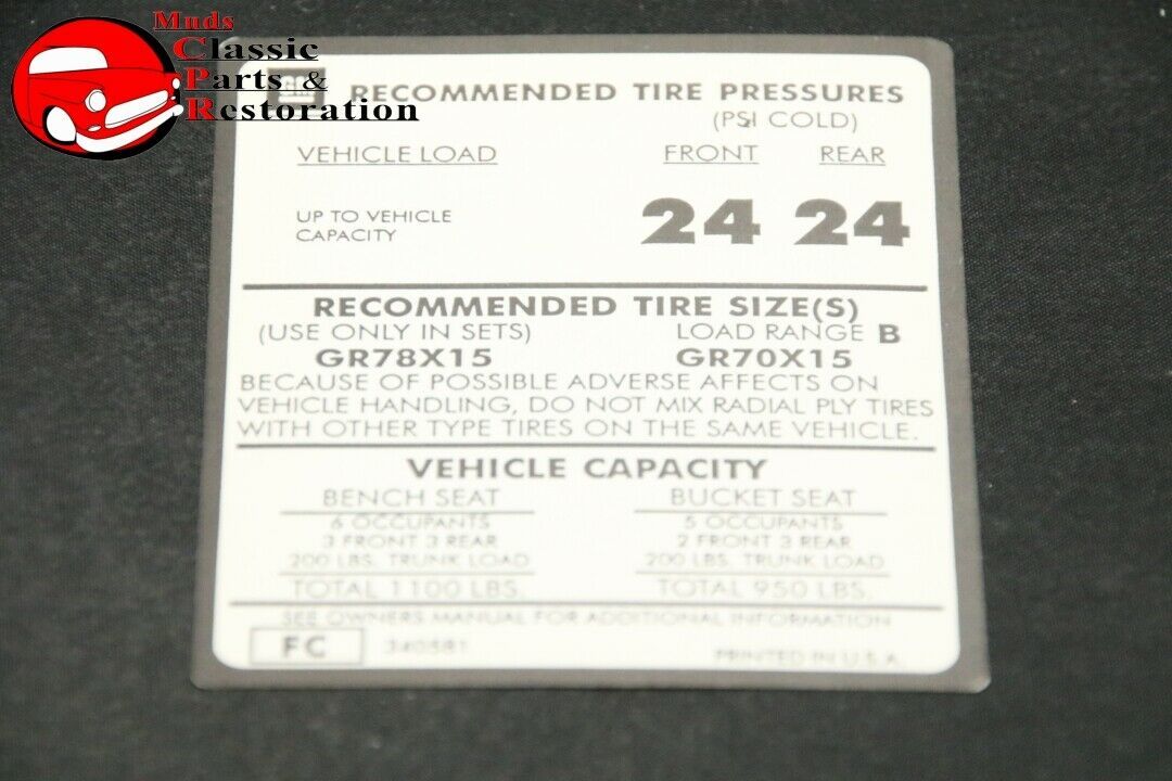 Primary image for 73 Monte Carlo Tire Pressure Decal GR78x15 & GR70x15 tire GM Part # FC 340581