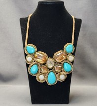 Boho Southwestern Faux Turquoise &amp; Faceted Rhinestones Bling Woven Bib Necklace - £19.24 GBP