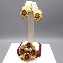Vintage Judy Lee Mesh Rose Wreath Brooch and Floral Clip On Earrings, Gold Tone - £40.12 GBP