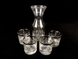Vintage Glass Juice Carafe With 4 Glasses, Etched Floral Pattern, Silver Paint - £30.67 GBP