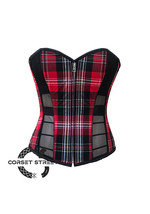Red Flanel with Black mesh Front Zipper Plus Size Corset Costume Overbust Top - £61.62 GBP