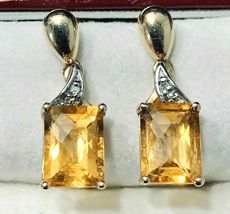 14k Yellow Gold Over Emerald Cut Citrine &amp; Diamond 4.21 CT Drop Earrings Diamond - £81.59 GBP