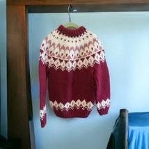 Hand Knit Handmade Fair Isle Children&#39;s M/L Wool Sweater Burgundy Ivory ... - £31.55 GBP