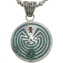 Navajo Turquoise Coral Chips MAN IN MAZE Pendant Necklace Sterling Silver Beads - £198.72 GBP
