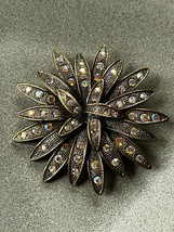 Large Aurora Borealis Encrusted Antique Goldtone Spikey Layered Flower Brooch - £11.85 GBP